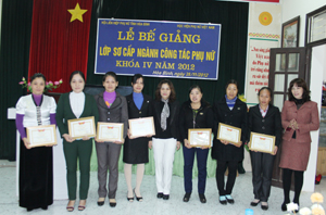 Lãnh đạo Hội LHPN tỉnh và trường Cán bộ Phụ nữ Trung ương khen thưởng 7 học viên có thành tích xuất sắc trong học tập và rèn luyện.